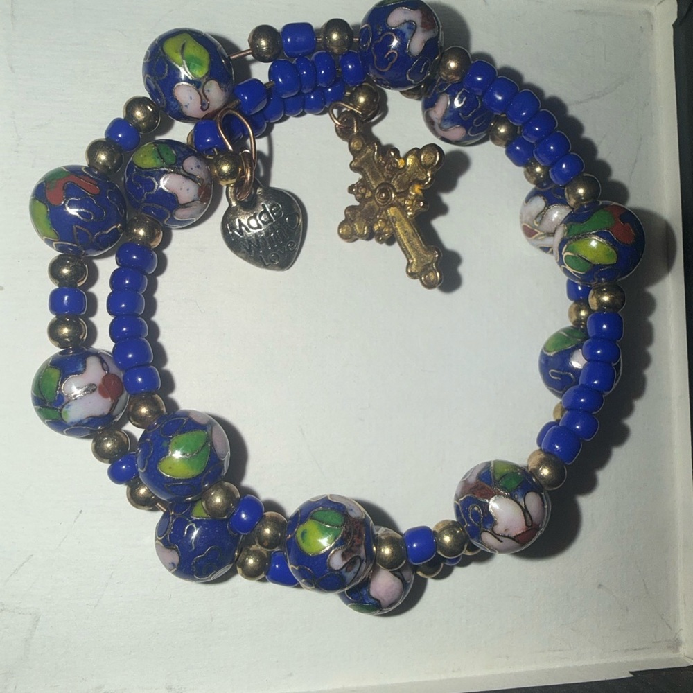 Blue Beaded Cloisonné Rosary Bracelet with Charms